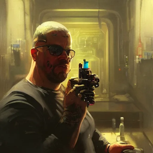 Prompt: portrait of an overweight cyberpunk barkeeper, badass, neuromancer, ratz, bar background, painted by greg rutkowski, painted by igor kieryluk, high detail, dramatic light, digital art, trending on artstation