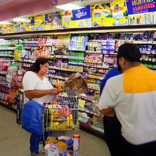 Prompt: crowded bodega filled with groceries, produce, cans, soda, lottery tickets, people and cigarettes with Hispanic customers and workers.