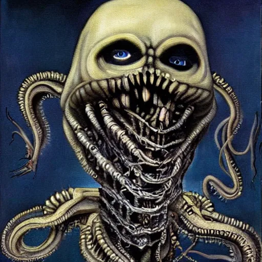 Prompt: jerma 9 8 5 as a lovecraftian horror, painting by h. r. giger, strands of being