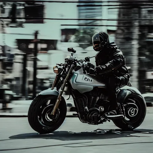 Image similar to Film still of 'Future Crew' (2050). Epic motorcycle action scene. Sigma 85mm f/1.4