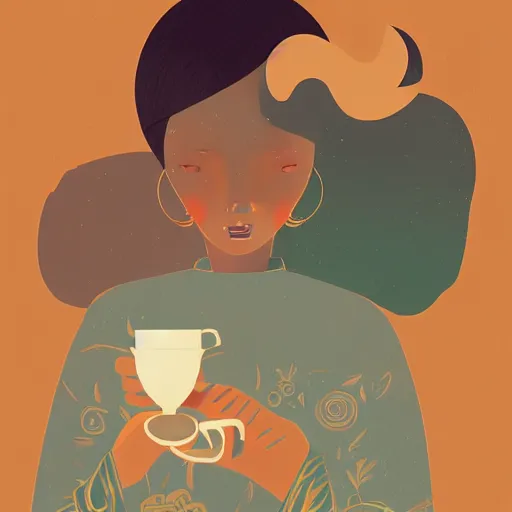 Image similar to illustration of a girl having a cup of coffee, happy feeling, waking up, by malika favre and victo ngai