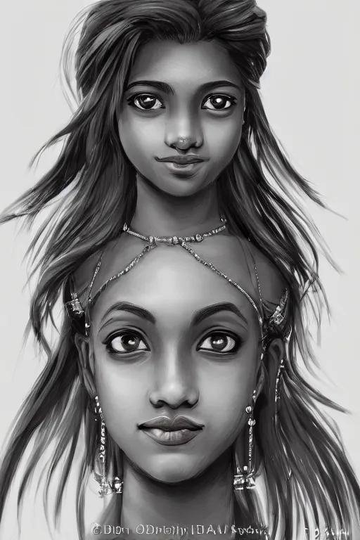 Prompt: A bust of a beautiful black skinned Sri Lankan girl with smiling lips and smooth eyebrows and straight hair, HD, illustration, epic, fantasy, intricate, elegant, amazing detail, digital painting, artstation, concept art, smooth, sharp focus, illustration
