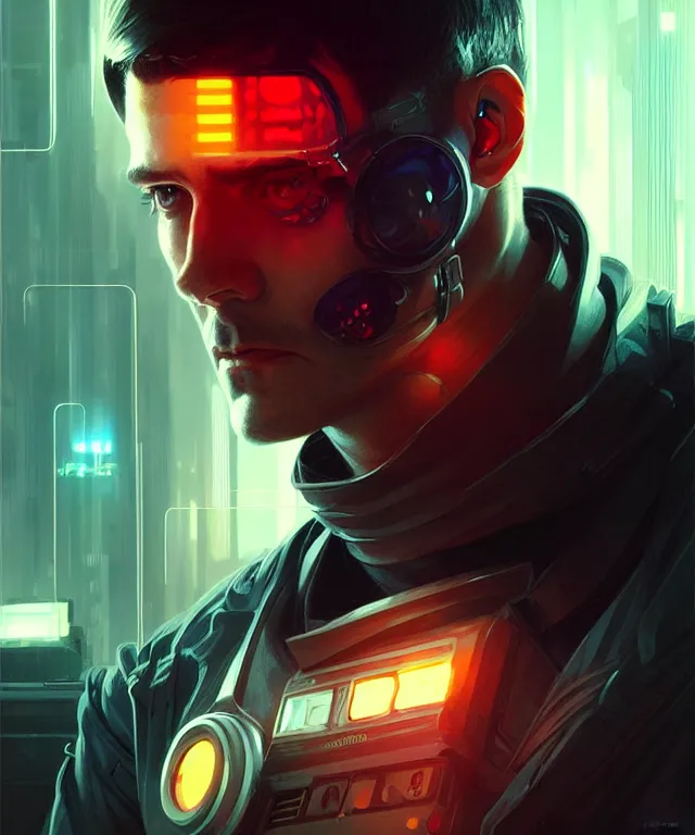 Image similar to Hacker cyberpunk man portrait, highly detailed, digital painting, artstation, concept art, smooth, sharp focus, illustration, art by artgerm and greg rutkowski and alphonse mucha