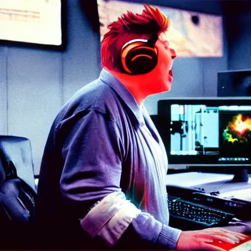 Image similar to obese David Bowie wearing a headset yelling at his monitor while playing WoW highly detailed wide angle lens 10:9 aspect ration award winning photography by David Lynch esoteric erasure head