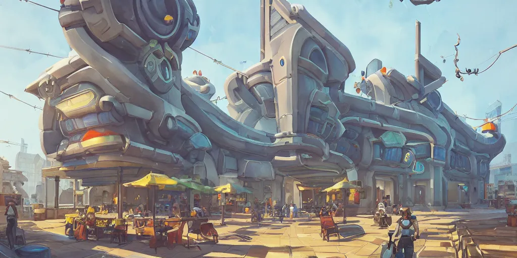 Image similar to overwatch building, stylized, exterior, architecture, in watercolor gouache detailed paintings, insanely detail, artstation, 8 k, futuristic, big medium small, arcane, simon stalenhag, food stall, interesting shapes & form, golden ratio, megastructures, vitaly bulgarov