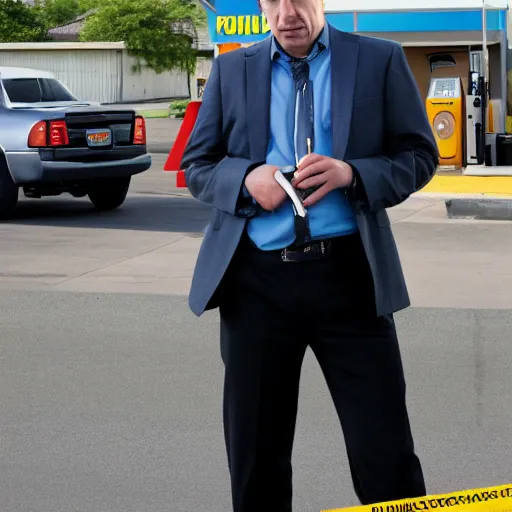 Prompt: saul goodman smoking in front of a gas station