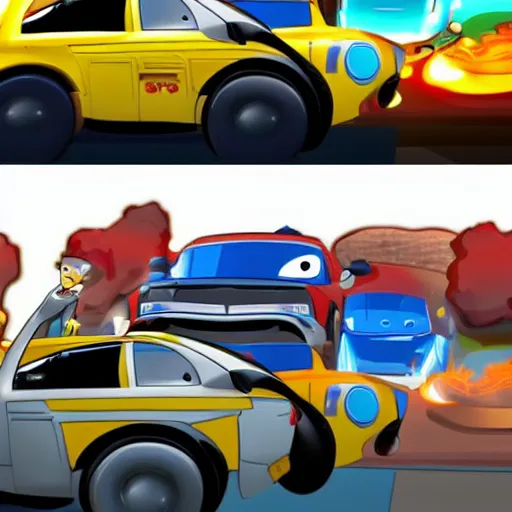 Prompt: a before and after shot of a cartoon car accident, hd cinematic cartoon,