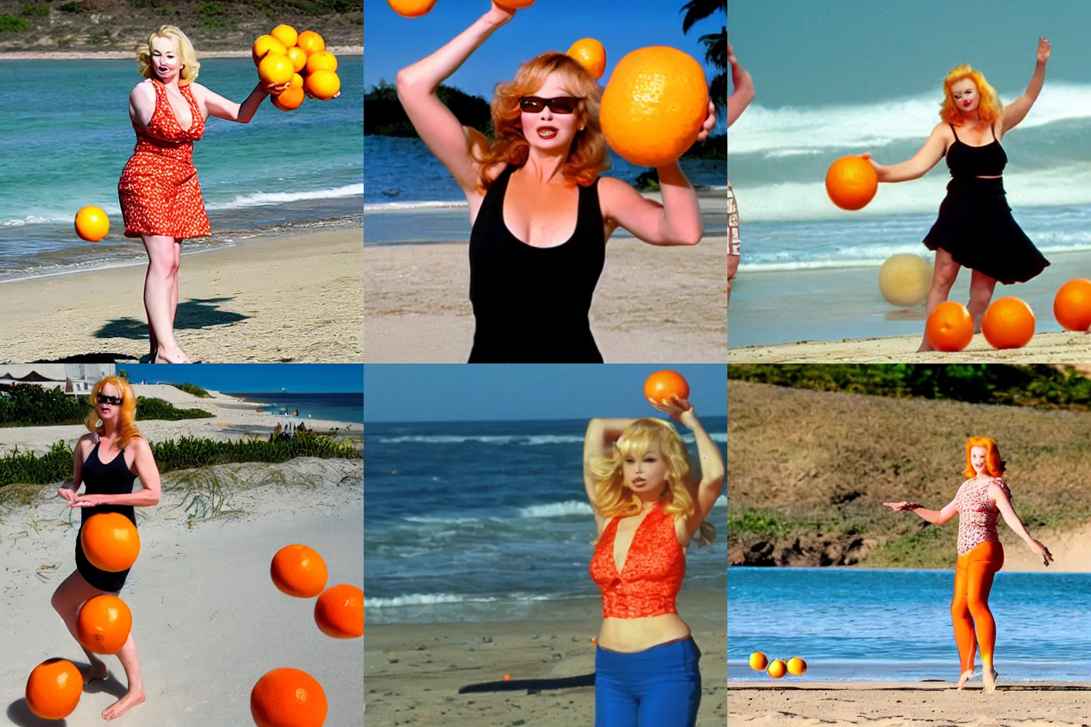 Prompt: Traci Lords juggling oranges on the beach