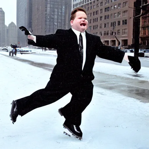 Prompt: 1 9 9 8 andy richter wearing a black wool coat and necktie slipping on ice in the streets of chicago at 3 pm in winter.