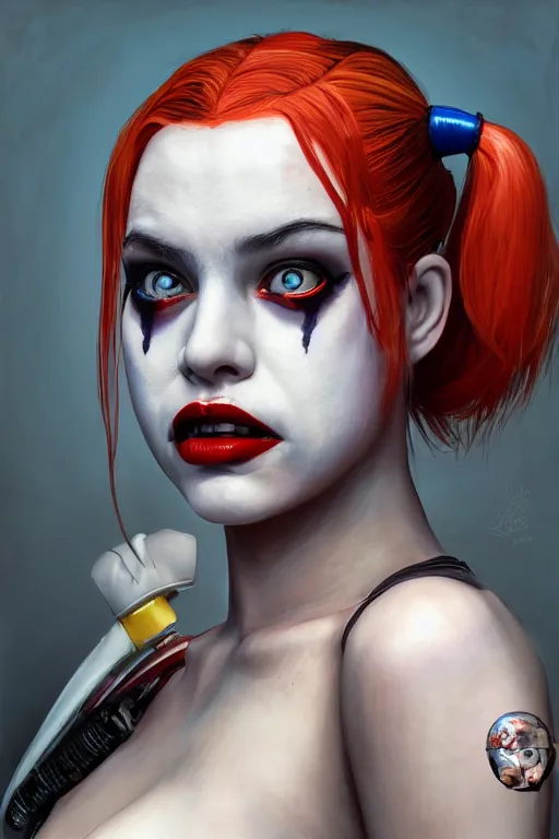 Image similar to cinematic portrait of Harley Quinn. Centered, uncut, unzoom, symmetry. character illustration. Surreal render, ultra realistic, zenith view. Polished. Inspired by patricio clarey, heidi taillefer scifi painter glenn brown. Extremely ornated. artstation, cgsociety, unreal engine, ray tracing, detailed illustration, hd, 4k, digital art, overdetailed art. Dslr, tiltshift, dof. 64megapixel. complementing colors. Trending on artstation, deviantart,