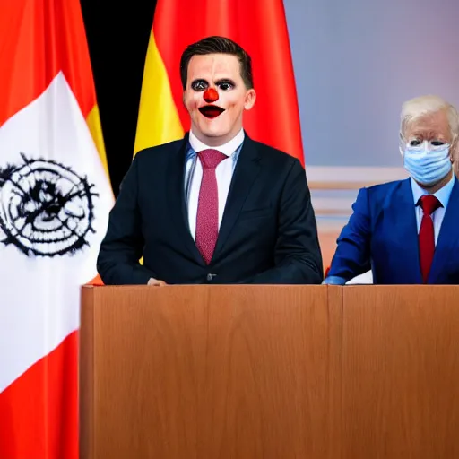 Image similar to president with clown makeup in a podium next to an angry first minister