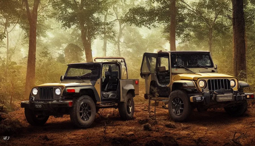 Image similar to Mahindra thar, in the forest, plants environment, wide angle, cinematic lighting, atmospheric, realistic, octane render, highly detailed, color graded, in the style of craig mullins