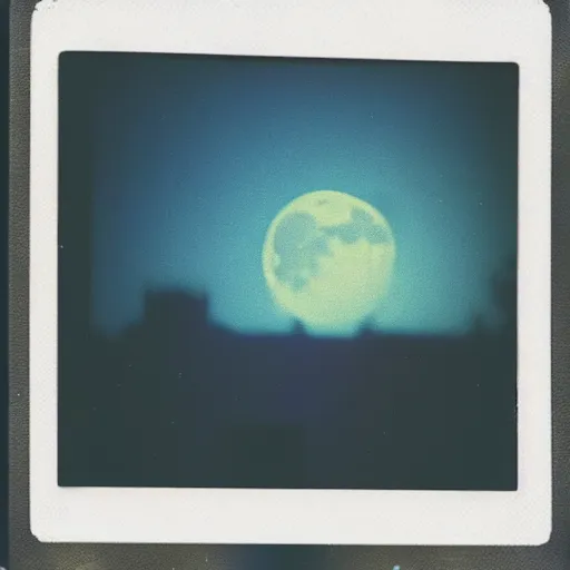 Image similar to colorful instant photograph of the moon in a city at night, polaroid, light leak, raw, nostalgic