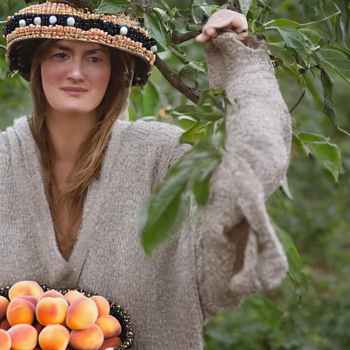 Prompt: a closeup portrait of a woman wearing a helmet made of beads, picking peaches from a tree, foggy, moody, photograph, by vincent desiderio, canon eos c 3 0 0, ƒ 1. 8, 3 5 mm, 8 k, medium - format print