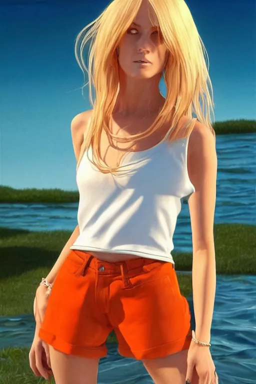 Prompt: a gorgeous woman with very long hip-length blonde hair, wearing a cut-off white top and orange cut-off shorts standing by the water, in the style of mario testino and annie liebovitz and artgerm and moebius, photorealistic, highly detailed, trending on artstation