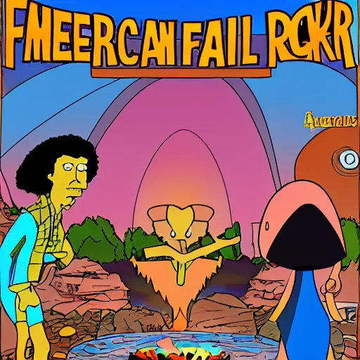 Prompt: American Dad's Roger the Alien, Frank Zappa, Jimi Hendrix, Brock Lesnar, a waterfall and pond, sunrise, campfire, a pot of gold, high definition