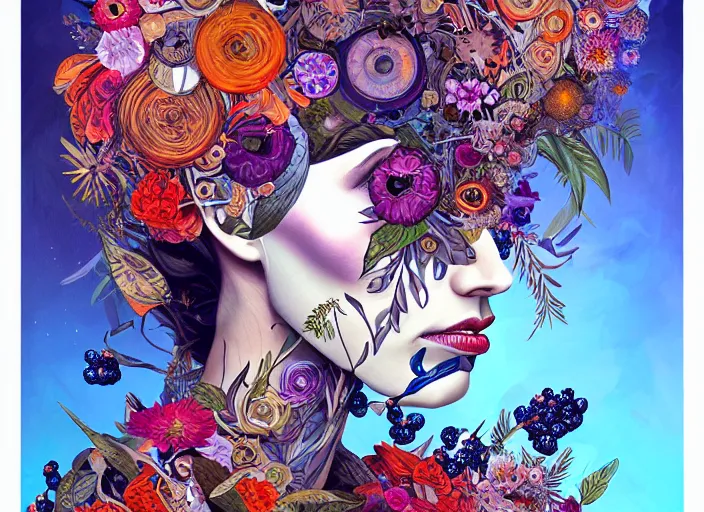 Image similar to a painting of a beautiful cyborg girl with a lot of flowers and blueberries and exotic plants on its head, poster art by android jones, behance contest winner, generative line art, made of flowers, grotesque, concert poster