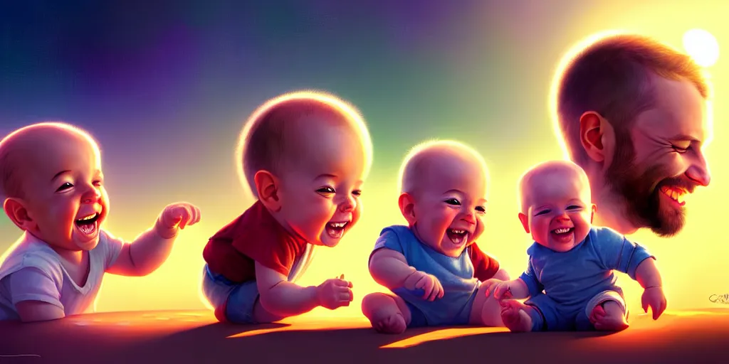 Image similar to epic professional digital art of a happy baby boy with his two fathers, best on artstation, cgsociety, wlop, cosmic, epic, stunning, gorgeous, much detail, much wow, masterpiece, backlight