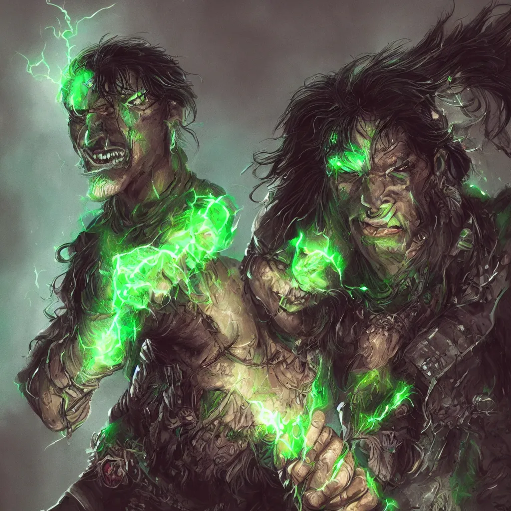 Prompt: half - orc shaman with long wiry grey hair, glowing green eyes, glowing tattoos, lightning in background, rainy background, character concept art, artstation, digital art