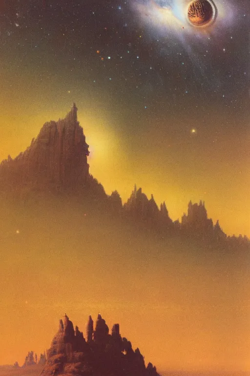 Prompt: emissary space by arthur haas and bruce pennington and john schoenherr, milky way, cinematic matte painting, 8 k, pastel color palate, mountainscape