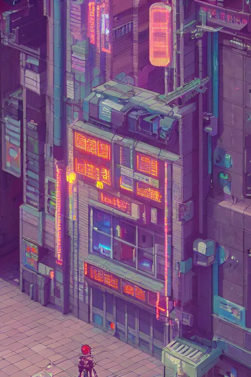 Image similar to A beautiful painting of the most emblematic facade of a cyberpunk gotic, pixelart by Studio Ghibli and Moebius, octane render, zbrush, extremely detailed, pastel colors, trending on artstation