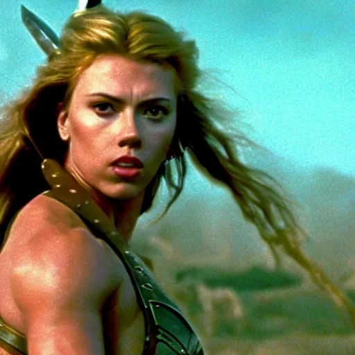 Prompt: epic photo of muscular scarlett johansson as beautiful barbarian warrior queen with long curly blonde hair, battle scene with a thousand warriors behind her in the background, sweaty, detailed eyes, neutral expression, shallow depth of field, photorealistic, cinematic lighting, lovely bokeh, warm colours, dusk, movie quality, conan the destroyer 1 9 8 5, movie still, cinemascope