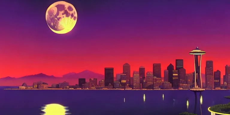 Image similar to an immaculate cinematic keyframe matte painting of a sleek 1 9 7 0 s vaporwave seattle at dusk with an oversized moon. by eric lafforgue, glennray tutor and edward hopper, greg rutkowski. trending on artstation.