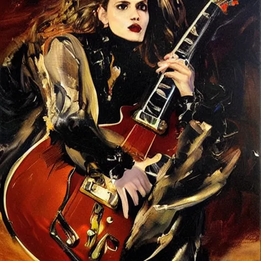Prompt: Anna Calvi playing electric guitar, oil painting by Giovanni Boldini