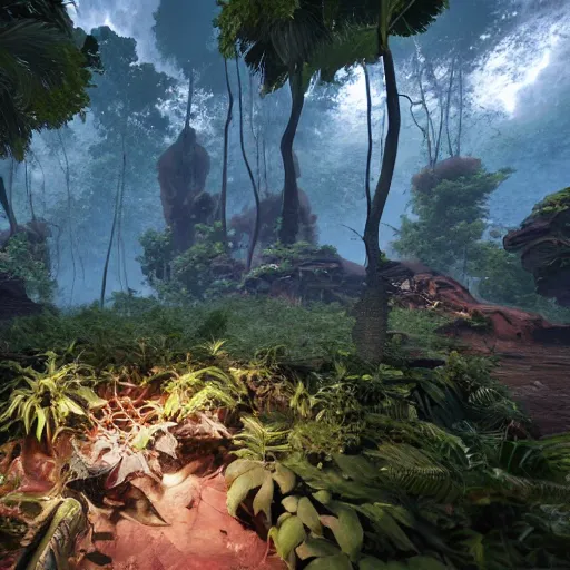 Image similar to «, dark jungle, far view, unreal engine 5, highly detailed, fantasy, crashed flying saucers »