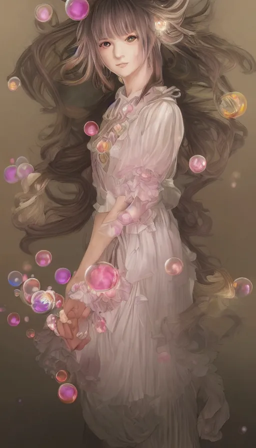 Prompt: portrait of kirisame marisa, touhou, dreamy and ethereal, expressive pose, big pink eyes, peaceful expression, ornate frilly dress, fantasy, intricate, elegant, many rainbow bubbles, rose tones, highly detailed, digital painting, artstation, concept art, smooth, sharp focus, illustration, art by artgerm and greg rutkowski and alphonse mucha