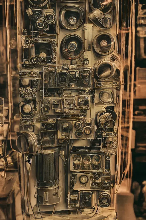 Image similar to a photo taken by someone who doesn't know how to use a camera, the most complex kodak camera ever made with vacuum tubes, capacitors and coils inside, through a dirty store window by Wes Anderson, grungy, weathered Ultra detailed, hyper realistic, 4k