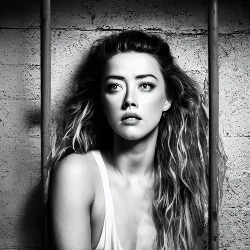 Prompt: amber heard alone inside a prison cell behind bars, ultra realistic, canon 3 5 mm portrait photography, 1 8 0 0 s, 8 k