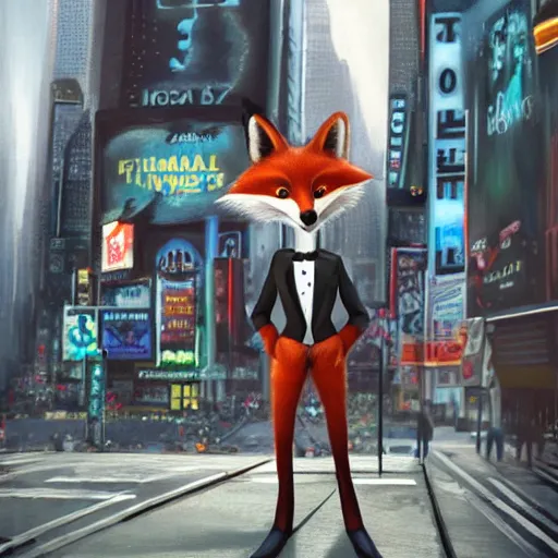 Image similar to anthropomorphic furry fox wearing a tuxedo stands on the times square ,detailed, environment, building, cinematic lights,Digital Art, Artstation