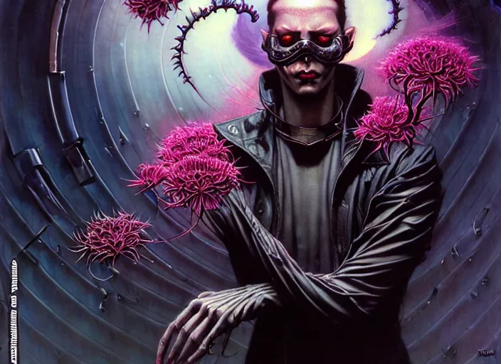 Prompt: realistic dark cyberpunk man coding character casting eldritch magic, a lot of flowers around, by francis bacon, by ayami kojima, by amano, by karol bak, greg hildebrandt, by mark brooks, by alex grey, by zdzisław beksinski, by takato yamamoto, wrapped thermal background