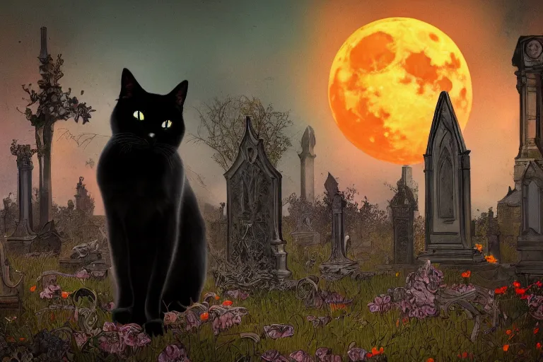 Prompt: an ultra detailed animation of a black cat in a graveyard at midnight on halloween tattoo, digital art, dark fantasy, concept art, soulslike, by alphonse mucha, blood moon eclipse, ruined building in the background, artstation, 8 k, unreal engine render