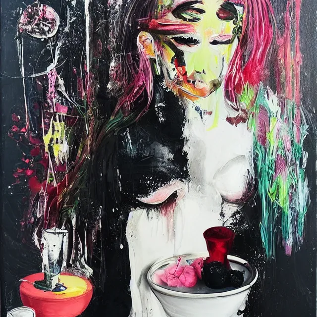 Image similar to “ a portrait in a female art student ’ s apartment, sensual, a pig theme, art supplies, paint tubes, ikebana, herbs, a candle dripping white wax, black walls, squashed berries, berry juice drips, acrylic and spray paint and oilstick on canvas, surrealism, neoexpressionism ”