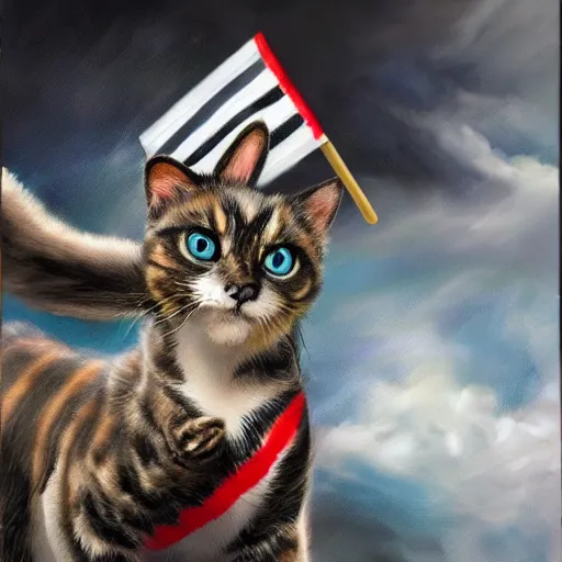 Prompt: a hyper real comic book style portrait painting in which a small piebald cat holding a flag is riding a large fluffy gray striped cat into battle and on noble quests where backgrounds are wild and interesting with fascinating skies and epic terrain