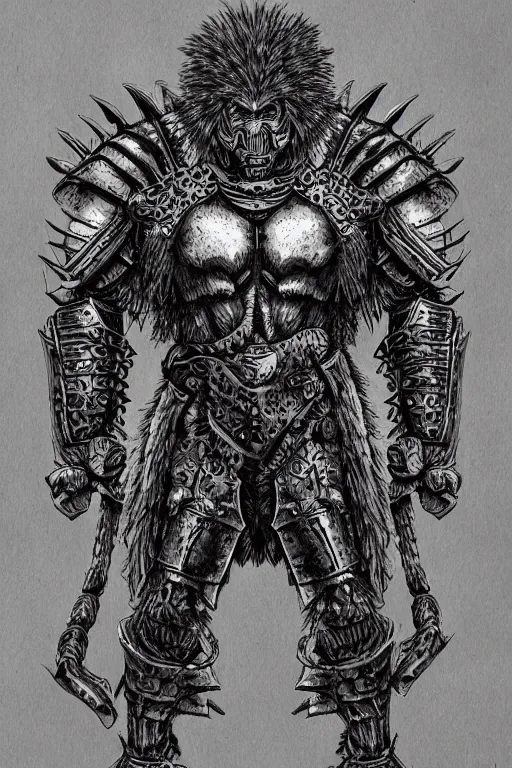 Image similar to armoured warrior humanoid ape monster, symmetrical, highly detailed, digital art, artichoke themed armour, sharp focus, trending on art station, kentaro miura manga art style