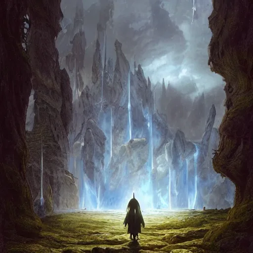 Image similar to a beautiful detailed realistic matte painting of a magical wizard looking towards a serene landscape with an eerie dark magic lightning portal to another dimension, by john howe and alexander skold and andreas rocha. vray, raytracing, detailed lighting, volumetric lighting, cinematic lighting, very wide shot, f 8