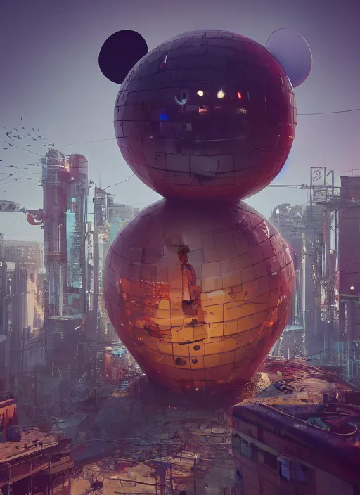 Prompt: people building giant head of mickey mouse inside of abandoned netflix office, cyberpunk, by beeple, dystopia, golden ratio, octane render, redshift, trending on artstation, 8 k