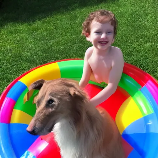 Image similar to enid the dog in a kiddie pool chasing a laser.