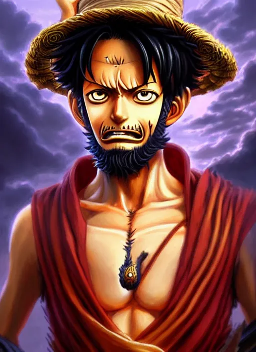 Prompt: luffy as fantasy style portrait painting of middle eastern male brown wavy hair beard rpg dnd oil painting unreal _ 5 _ daz. _ rpg _ portrait _ extremely _ detailed _ artgerm _ greg _ rutkowski _ greg