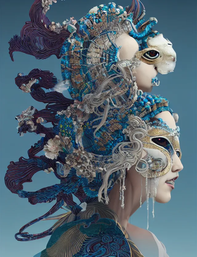 Image similar to 3 d goddess in robe close - up profile portrait with ram skull. beautiful intricately detailed japanese crow kitsune mask and clasical japanese kimono. betta fish, jellyfish phoenix, bio luminescent, plasma, ice, water, wind, creature, artwork by tooth wu and wlop and beeple and greg rutkowski