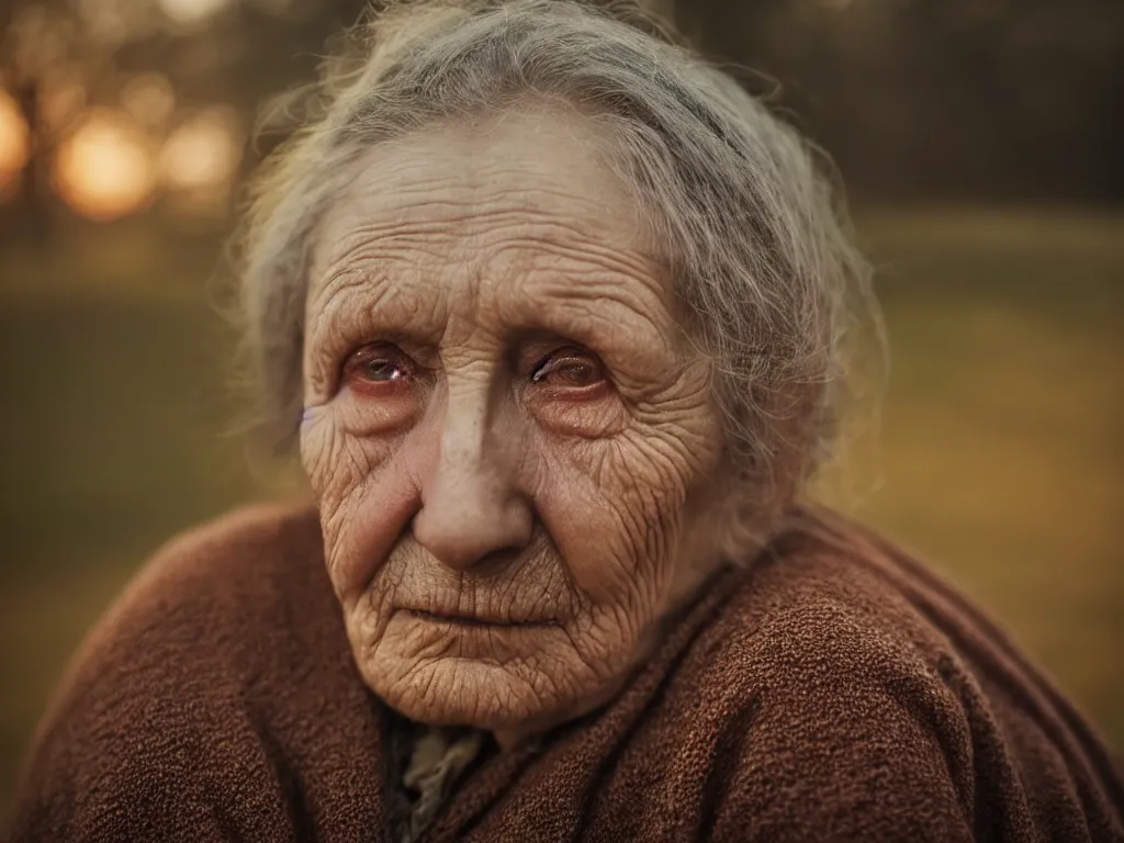 Image similar to close up portrait bust of old woman sitting on fence, tired expression, faded color film, russian cinema, tarkovsky, technicolor, heavy forest, wood cabin in distance, shallow depth of field, long brown hair, old clothing, heavy fog, brown color palette, sunset, low light, hudson river school, 4 k, dramatic lighting