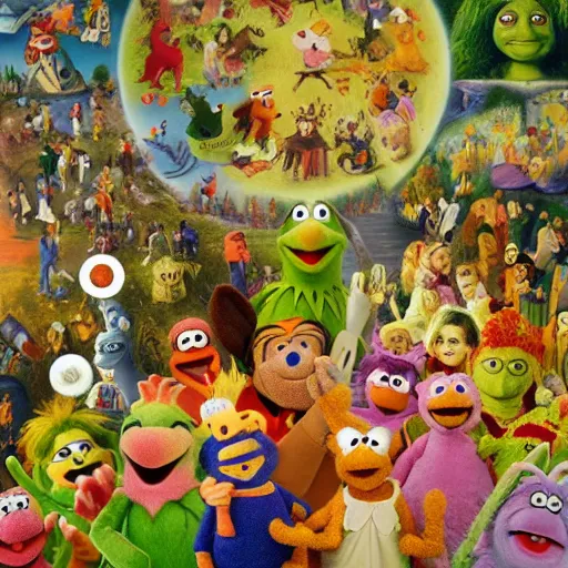 Prompt: painting of muppets and teletubbies, in the style of hieronymus bosch