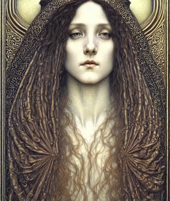 Image similar to detailed realistic beautiful young medieval queen face portrait by jean delville, gustave dore and marco mazzoni, art nouveau, symbolist, visionary, gothic, pre - raphaelite. horizontal symmetry