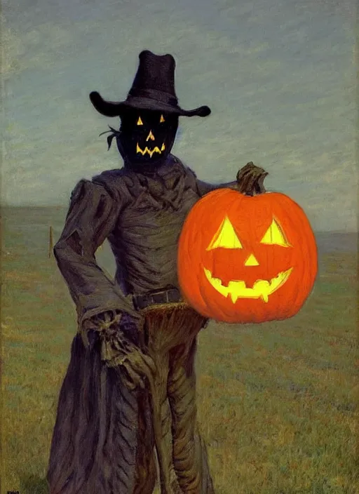 Image similar to a haunted scarecrow, holding a jack - o - lantern, as a matte oil painting and d & d character art, by gustave caillebotte, standing, fullbody, flying bats, loose pages, concept art, award - winning, extremely detailed, sharp focus