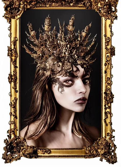 Prompt: a portrait of female model by stefan geselle and nekro borja, photorealistic, intricate details, hyper realistic, fantasy, elegant, ornate metal gold headpiece, photorealistic, canon r 3, photography, wide shot, symmetrical features, wide angle shot, perfect body standing pose, feet on the ground, studio background