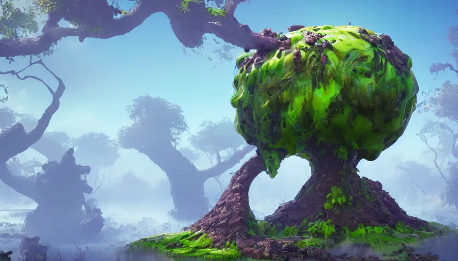 Image similar to A fancy huge slime tree on a magical biome full of oddities, goofy, sparky, full sun, positive vibes, behance, artstation, unreal render, unreal engine 5, octane, smooth, 8k