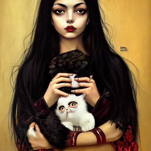 Prompt: a painting of mexican woman, with long dark hair, thick eyebrows, dark eyes and dark circles wide nose, big eyes, oval face, big cheeks holding her cat, photorealistic painting by tran nguyen ilya kuvshinov and greg rutkowski featured on deviantart, gothic art, goth, gothic, detailed painting